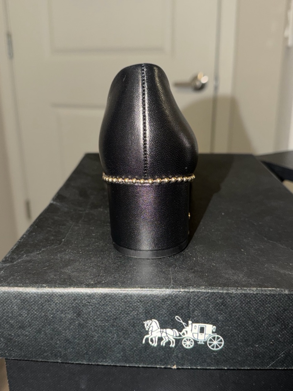 Coach Black Leather Low Block Heel Pumps with Gold Trim - Picture 3 of 3